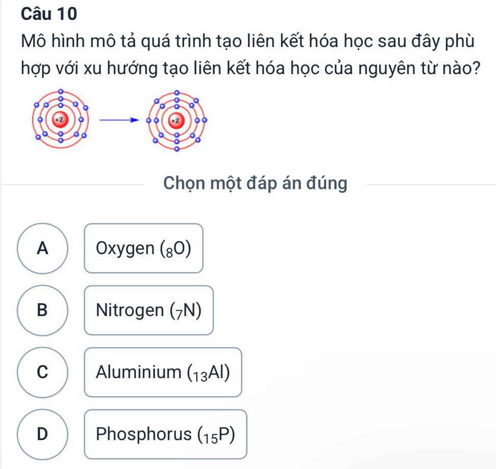 Mô hình mô tả quá trình tạo liên kết hóa học sau đây phù
hợp với xu hướng tạo liên kết hóa học của nguyên từ nào?
Chọn một đáp án đúng
A Oxygen (₈0)
B Nitrogen (7N)
C Aluminium (13Al)
D Phosphorus (15P)