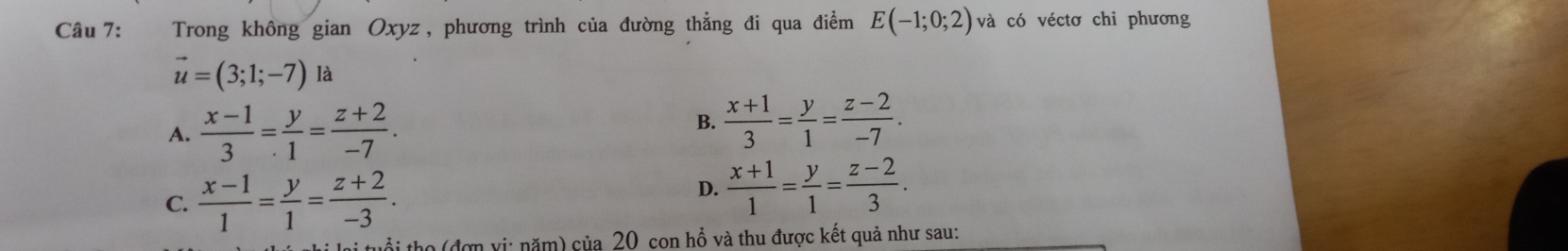 Trong không gian Oxyz, phương trình của đường thẳng đi qua điểm E(-1;0;2) và có véctơ chỉ phương
vector u=(3;1;-7) là
A.  (x-1)/3 = y/1 = (z+2)/-7 .
B.  (x+1)/3 = y/1 = (z-2)/-7 .
C.  (x-1)/1 = y/1 = (z+2)/-3 .
D.  (x+1)/1 = y/1 = (z-2)/3 . 
ho (đợn vị: năm) của 20 con hồ và thu được kết quả như sau: