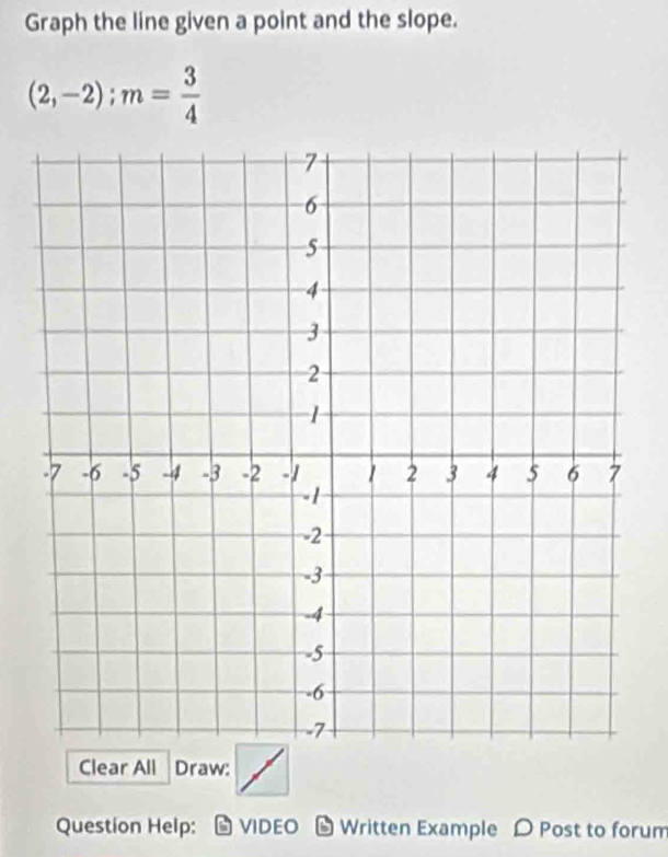 Graph the line given a point and the slope.
(2,-2); m= 3/4 
Clear All Draw: 
Question Help: VIDEO 9 Written Example D Post to forum