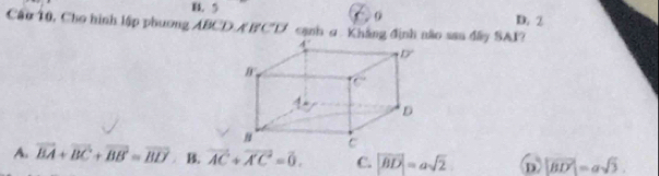 B. 5
Câu 10, Cho hình lập phương ABCD A B C'D' cạnh σ Khẳng định não san đây SAI? D. 2
A. vector BA+vector BC+vector BB=vector BD B. vector AC+vector A'C=0. C. |overline BD|=asqrt(2) D. |vector BD'|=asqrt(3).