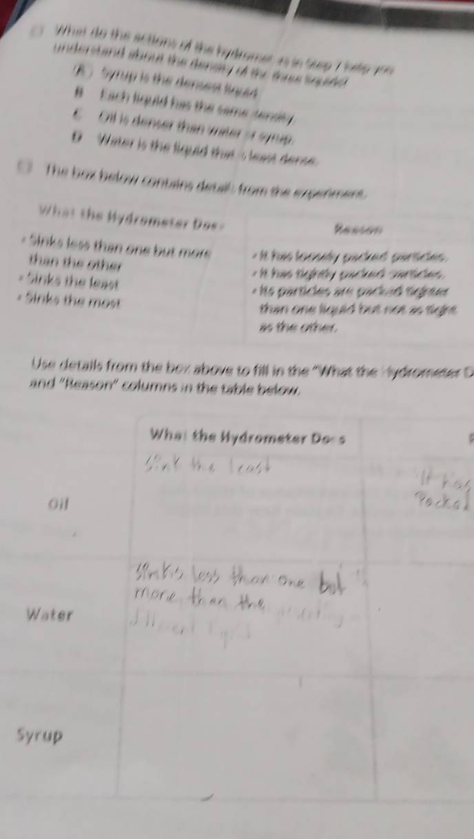 What do the actions of the hydromet as in Step 7 hete v 
understand about the densly of ty thou tquade
B ) Syrup is the densest liqued
B Each liquid has the same sensity
C Oll is denser than water sr syrup.
D Water is the liquid that is least dense
( The box below contains detsl from the experiment.
What the Hydrometer Dos -
Reason
= Sinks less than one but more - It his loouely packed partices .
than the other 
- It has righty packed sartides 
- Sinks the least
« Hs particles are packed tighter 
* Sinks the most
than one liquid but not as tight .
as the other .
Use detalls from the box above to fill in the ''What the Hydrometer 
and "Reason" columns in the table below.
S