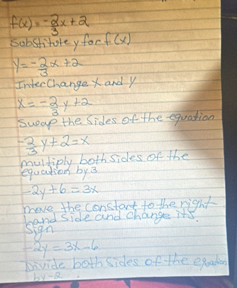 f(x)=- 2/3 x+2
sobstitorey for f(x)
y= (-2)/3 x+2
Interchange x and y
x=- 2/3 y+2
suap the Sides of the equation
- 2/3 y+2=x
multiply both sides of the 
equation by 3
-2y+6=3x
move the constart to the right 
band side and change its. 
sign
-2y=3x-6
Divide both sides of the eqoadion
by-2