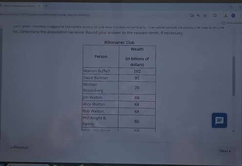 me t länne and led 
n/oonn/15f551/asignnonu49294661nadale_8ornkd=22088522 
Al Booknare 
cath year, Aunas, magazine compees a lists of the 400 rthest Amentans. The table delow iciddes the top 6 on the 
list. Determine the population variance. Round your answer to the nearest tenth, if necessary 
* Previous Next»