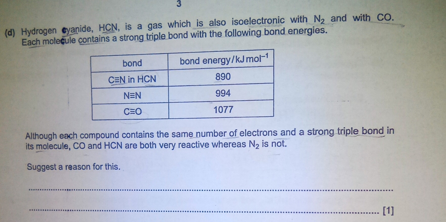 Solved: 3 (d) Hydrogen cyanide, HCN, is a gas which is also ...