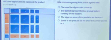 Adi used atgebra tiles to represent the product Which is true regarding Adi's use of algebra liles?
(-2x-2)(2x-2)
She used the algebra tiles conectly.
She did not represent the two original factors
correctly on the headers.
The signs on some of the products are incorrect,
Same of the products do not show the conect powers
of x.