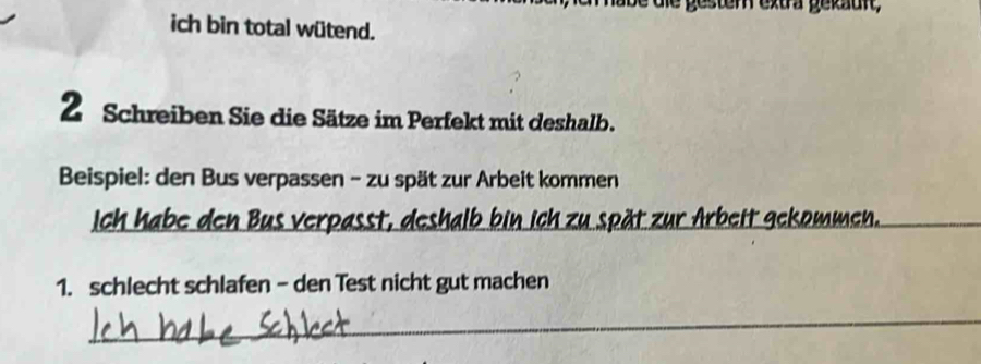 estem exur a pecur 
ich bin total wütend. 
2 Schreiben Sie die Sätze im Perfekt mit deshalb. 
Beispiel: den Bus verpassen - zu spät zur Arbeit kommen 
ich habe den Bus verpasst, deshalb bin ich zu spät zur Arbeit gekommen._ 
1. schlecht schlafen - den Test nicht gut machen 
_