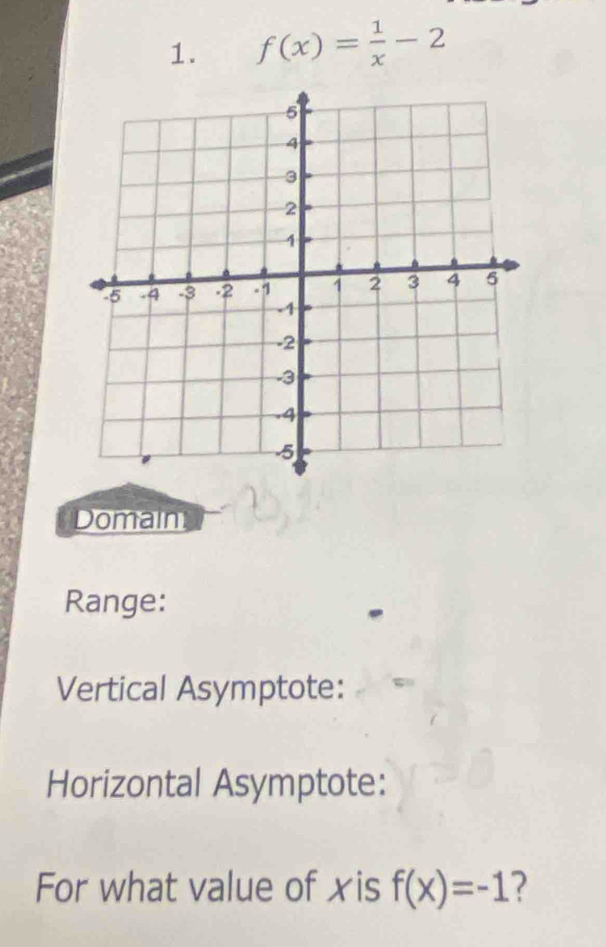 f(x)= 1/x -2
Domain 
Range: 
Vertical Asymptote: 
Horizontal Asymptote: 
For what value of xis f(x)=-1 2