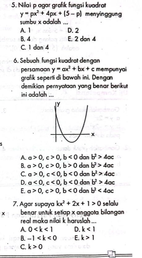 Nilai p agar grafik fungsi kuadrat
y=px^2+4px+(5-p) menyinggung
sumbu x adalah ...
A. 1 D. 2
B. 4 E. 2 dan 4
C. 1 dan 4
6. Sebuah fungsi kuadrat dengan
persamaan y=ax^2+bx+c mempunyai
grafik seperti di bawah ini. Dengan
demikian pernyataan yang benar berikut 
ini adalah ...
S
A. a>0, c>0, b<0</tex> dan b^2>4ac
B. a>0, c>0, b>0 dan b^2>4ac
C. a>0, c<0</tex>, b<0</tex> dan b^2>4ac
D. a<0</tex>, c<0</tex>, b<0</tex> dan b^2>4ac
E. a>0, c>0, b<0</tex> dan b^2<4ac</tex> 
7. Agar supaya kx^2+2x+1>0 selalu
benar untuk setiap x anggota bilangan 
real maka nilai k haruslah ...
A. 0 D. k<1</tex>
B. -1 E. k>1
C. k>0