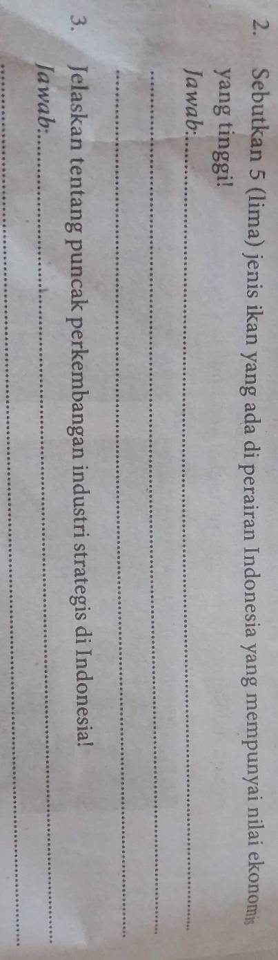 Sebutkan 5 (lima) jenis ikan yang ada di perairan Indonesia yang mempunyai nilai ekonomis 
yang tinggi! 
Jawab:_ 
_ 
_ 
3. Jelaskan tentang puncak perkembangan industri strategis di Indonesia! 
Jawab: 
_ 
_