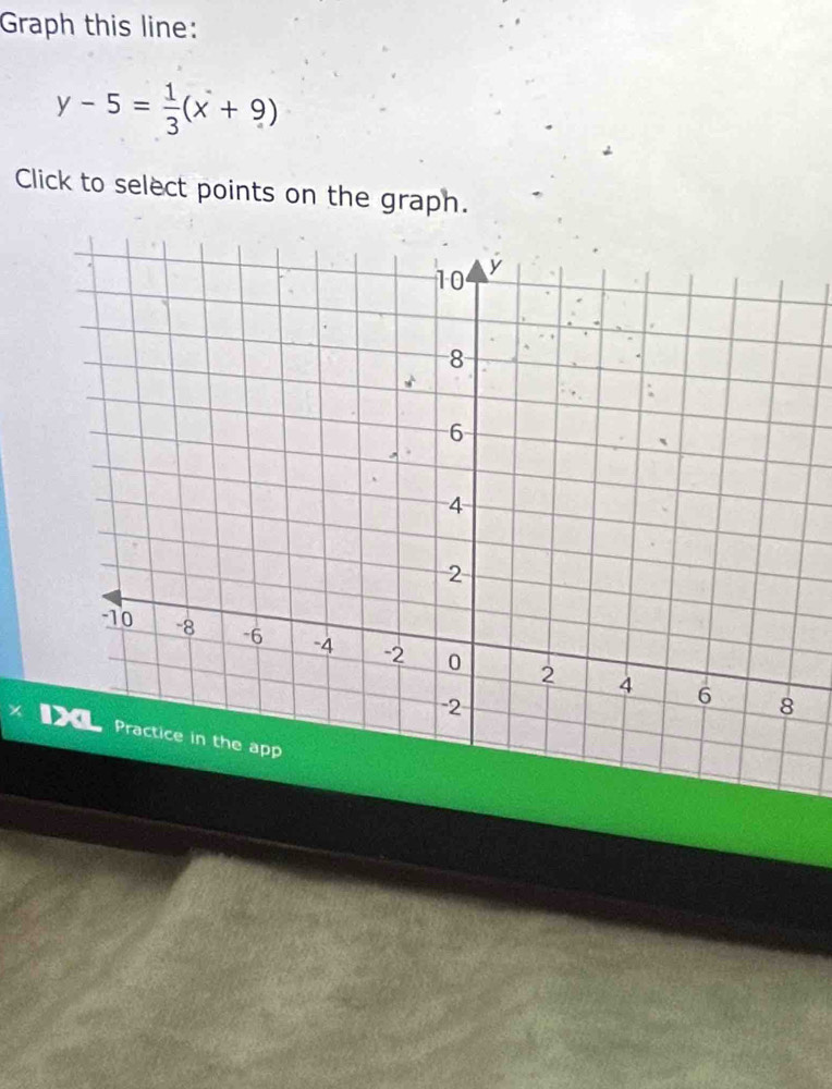 Graph this line:
y-5= 1/3 (x+9)
Click to select points on the graph.