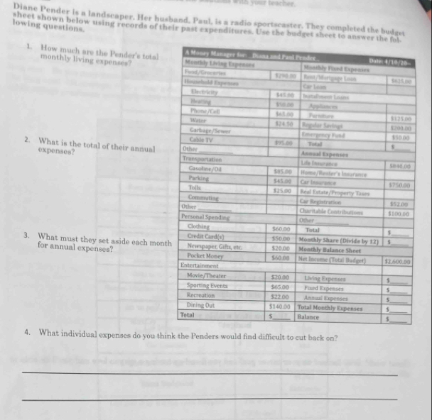 "with your teacher.
Diane Pender is a landseaper. Her husband, Paul, is a radio sportscaster. They completed the budget
lowing questions. sheet shown below using records of their past expenditures. Use the budget sheet to ans
1. How much are the Pender's total
monthly living expenses? 
2. What is the total of their annual
expenses? 
3. What must they set aside each mont
for annual expenses? 
4. What individual expenses do you think the Penders would find difficult to cut back on?
_
_