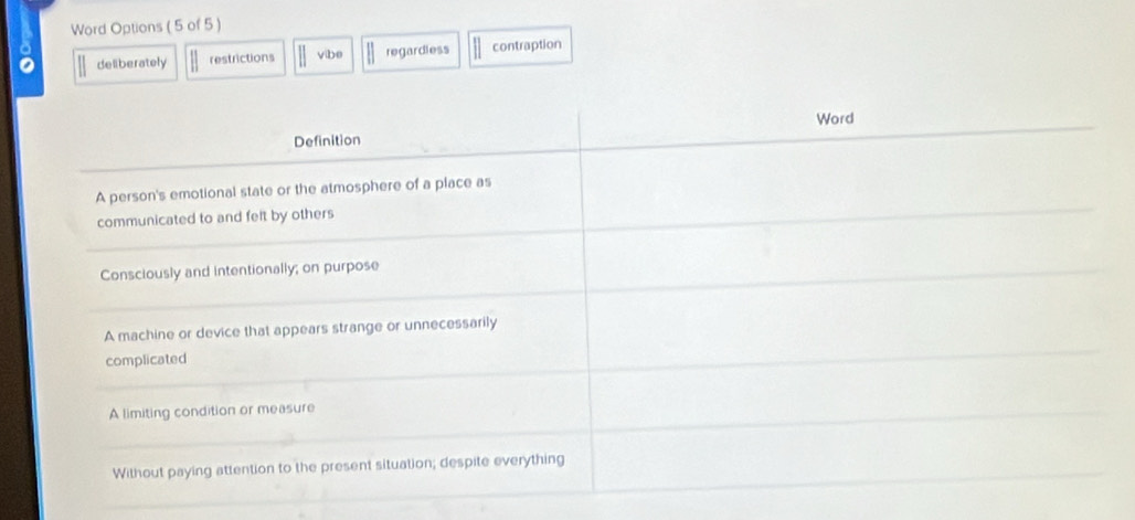 Word Options ( 5 of 5 )
a
0 deliberately restrictions vibe regardless contraption