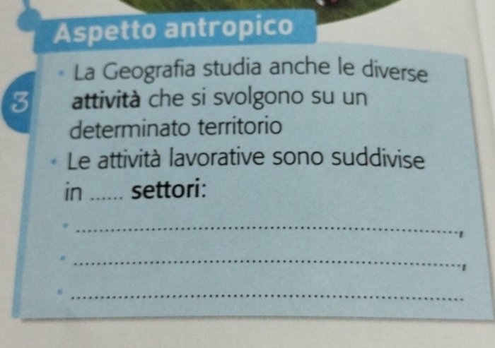 Aspetto antropico 
La Geografia studia anche le diverse 
3 attività che si svolgono su un 
determinato territorio 
Le attività lavorative sono suddivise 
in ...... settori: 
_ 
1 
_ 
1 
_