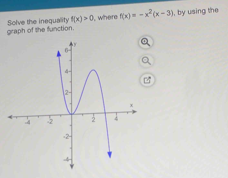 Solve the inequality f(x)>0 , where f(x)=-x^2(x-3) , by using the 
graph of the function.