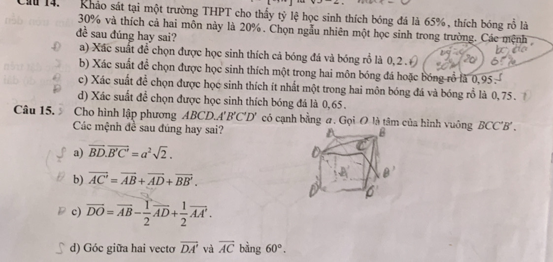 Cau 14. Khảo sát tại một trường THPT cho thấy tỷ lệ học sinh thích bóng đá là 65%, thích bóng rồ là
30% và thích cả hai môn này là 20%. Chọn ngẫu nhiên một học sinh trong trường. Các mệnh
đề sau đúng hay sai?
a) Xác suất để chọn được học sinh thích cả bóng đá và bóng rỗ là 0,2.
b) Xác suất để chọn được học sinh thích một trong hai môn bóng đá hoặc bóng rồ là 0,95
c) Xác suất để chọn được học sinh thích ít nhất một trong hai môn bóng đá và bóng rỗ là 0, 75.
d) Xác suất để chọn được học sinh thích bóng đá là 0,65.
Câu 15. Cho hình lập phương ABCD.. A'B'C'D' có cạnh bằng a. Gọi O là tâm của hình vuông BCC'B'. 
Các mệnh đề sau đúng hay sai?
a) vector BD.vector B'C'=a^2sqrt(2).
b) vector AC'=vector AB+vector AD+vector BB'.
c) overline DO=overline AB- 1/2 overline AD+ 1/2 overline AA'.
d) Góc giữa hai vectơ vector DA' và vector AC bằng 60°.