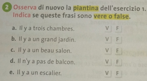 Osserva di nuovo la piantina dell'esercizio 1.
Indica se queste frasi sono vere o false.
a. Il y a trois chambres. V F
b. Il y a un grand jardin. V F
c. Il y a un beau salon. V F
d. Il n'y a pas de balcon. V F
e. Il y a un escalier. V F