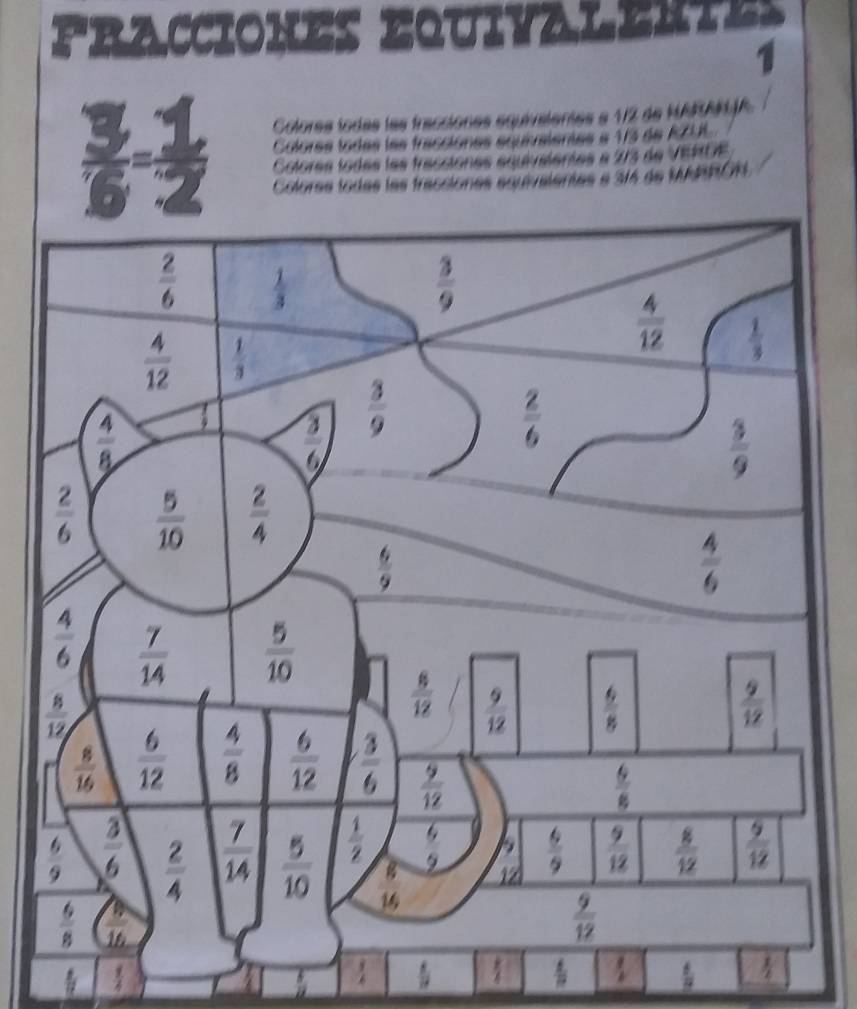 PRACCIONES EQUIVALENTE
Colores todes les fracciones équiveientes e 1/2 de HARARJA
 3/6 = 1/2  Colores todes les fracciones equivsientes e 273 de VERDE
Colores lodes les fracciones equivaientes e 13 de RZUL
Colores todes les tracciones souusientes e 216 de WAPOA
-

 6/17 