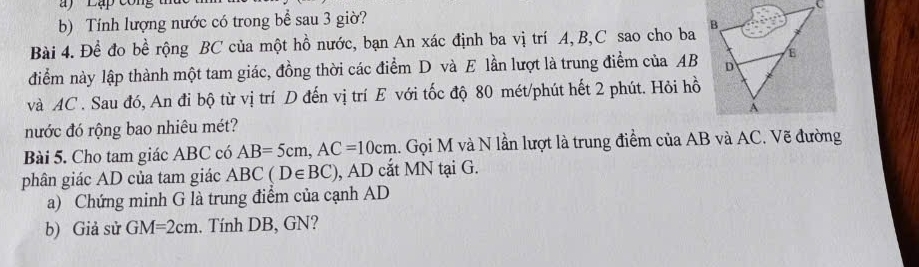 Lập công 
b) Tính lượng nước có trong bể sau 3 giờ? 
Bài 4. Đề đo bề rộng BC của một hồ nước, bạn An xác định ba vị trí A, B, C sao cho ba 
điểm này lập thành một tam giác, đồng thời các điểm D và E lần lượt là trung điểm của AB
và AC. Sau đó, An đi bộ từ vị trí D đến vị trí E với tốc độ 80 mét/phút hết 2 phút. Hỏi hồ 
nước đó rộng bao nhiêu mét? 
Bài 5. Cho tam giác ABC có AB=5cm, AC=10cm. Gọi M và N lần lượt là trung điểm của AB và AC. Vẽ đường 
phân giác AD của tam giác ABC(D∈ BC) , AD cắt MN tại G. 
a) Chứng minh G là trung điểm của cạnh AD
b) Giả sử GM=2cm. Tính DB, GN?