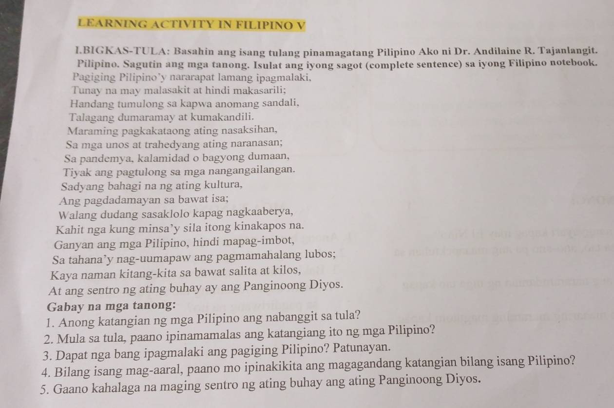 Solved: LEARNING ACTIVITY IN FILIPINO V l.BIGKAS-TULA: Basahin ang ...