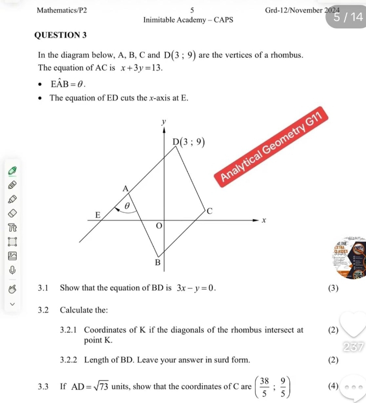 Mathematics/P2 5 Grd-12/November 2024
Inimitable Academy - CAPS
5 / 14
QUESTION 3
In the diagram below, A, B, C and D(3;9) are the vertices of a rhombus.
The equation of AC is x+3y=13.
Ehat AB=θ. 
The equation of ED cuts the x-axis at E.
y
D(3;9)
nalytical Geometry G
A
θ
E
C
x
''Milo t =
NE
XTR
B CLASSES
3.1 Show that the equation of BD is 3x-y=0. (3)
3.2 Calculate the:
3.2.1 Coordinates of K if the diagonals of the rhombus intersect at (2)
point K.
237
3.2.2 Length of BD. Leave your answer in surd form. (2)
3.3 If AD=sqrt(73) units, show that the coordinates of C are ( 38/5 ; 9/5 ) (4)