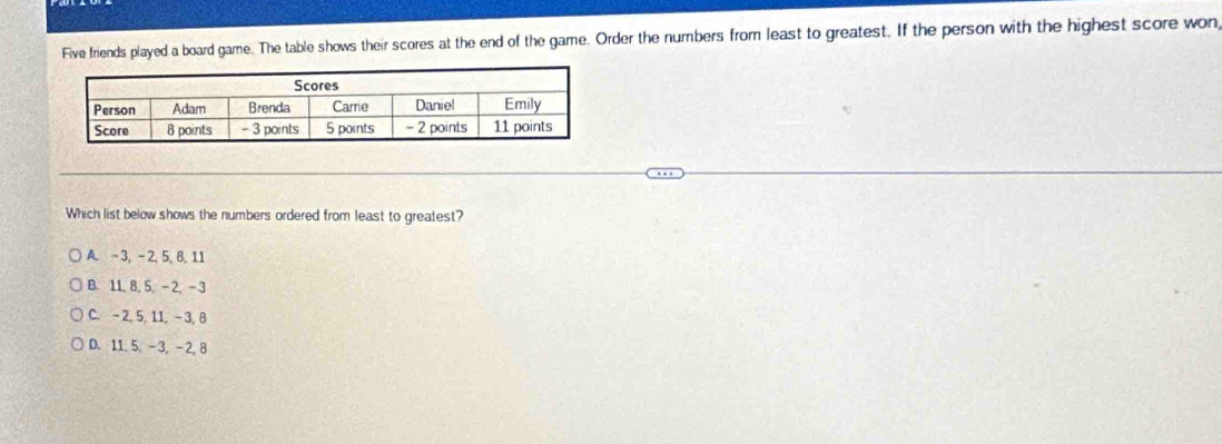 Five friends played a board game. The table shows their scores at the end of the game. Order the numbers from least to greatest. If the person with the highest score won
Which list below shows the numbers ordered from least to greatest?
A. - 3, - 2, 5, 8, 11
B. 11, 8, 5, -2, -3
C. - 2, 5, 11, - 3, B
D. 11.5, -3, -2, 8