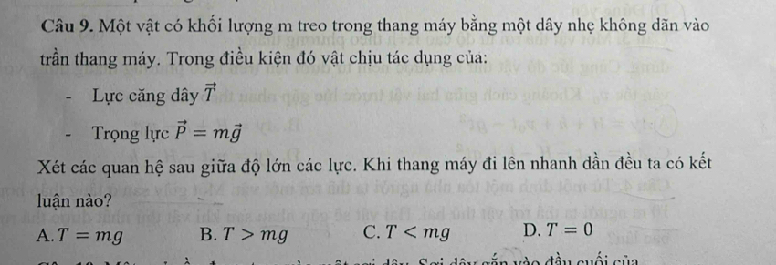 Một vật có khối lượng m treo trong thang máy bằng một dây nhẹ không dãn vào
trần thang máy. Trong điều kiện đó vật chịu tác dụng của:
Lực căng dây vector T
Trọng lực vector P=mvector g
Xét các quan hệ sau giữa độ lớn các lực. Khi thang máy đi lên nhanh dần đều ta có kết
luận nào?
A. T=mg B. T>mg C. T D. T=0
ào đầu cuối của