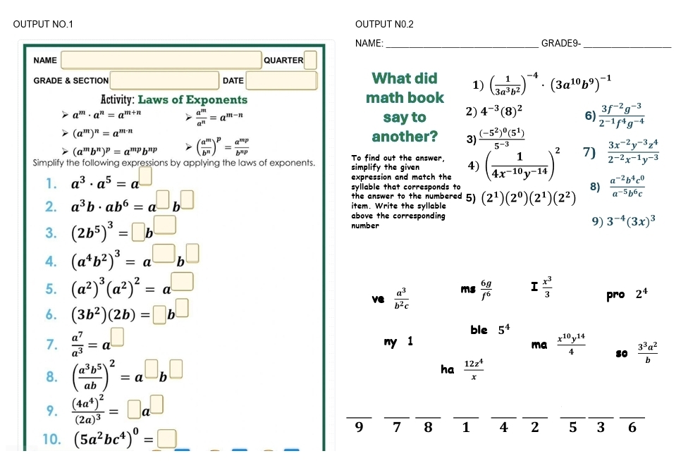 OUTPUT NO.1 OUTPUT N0.2
NAME:_ GRADE9-_
NAME □ □ QUARTER
GRADE & SECTION □ DATE What did 1) ( 1/3a^3b^2 )^-4· (3a^(10)b^9)^-1
Activity: Laws of Exponents math book
overline x a^m· a^n=a^(m+n)  a^m/a^n =a^(m-n) sayto 2) 4^(-3)(8)^2 6)  (3f^(-2)g^(-3))/2^(-1)f^4g^(-4) 
(a^m)^n=a^(m-n)
(a^mb^n)^p=a^(mp)b^(np) ( a^m/b^n )^p= a^(mp)/b^(np) 
another? 3) frac (-5^2)^0(5^1)5^(-3)
Simplify the following expressions by applying the laws of exponents. simplify the given 4) ( 1/4x^(-10)y^(-14) )^2 7)  (3x^(-2)y^(-3)z^4)/2^(-2)x^(-1)y^(-3) 
To find out the answer,
expression and match the
1. a^3· a^5=a □ syllable that corresponds to
2. a^3b· ab^6=a^(□)b^(□)
8)
item. Write the syllable (2^1)(2^0)(2^1)(2^2)  (a^(-2)b^4c^0)/a^(-5)b^6c 
the answer to the numbered 5)
above the corresponding
3. (2b^5)^3=□ b^(□) number 9) 3^(-4)(3x)^3
4. (a^4b^2)^3=a^(□)b^(□)
5. (a^2)^3(a^2)^2=a^(□)  6g/f^6  I x^3/3 
ve  a^3/b^2c  ms
6. (3b^2)(2b)=□ b^(□) pro 2^4
ble 5^4
7.  a^7/a^3 =a^(□) ny 1
ma  x^(10)y^(14)/4  so  3^3a^2/b 
ha
8. ( a^3b^5/ab )^2=a^(□)b^(□)  12z^4/x 
9. frac (4a^4)^2(2a)^3=□ a^(□)
__
__
__
__
10. (5a^2bc^4)^0=□
9 7 8 1 4 2 5 3 6