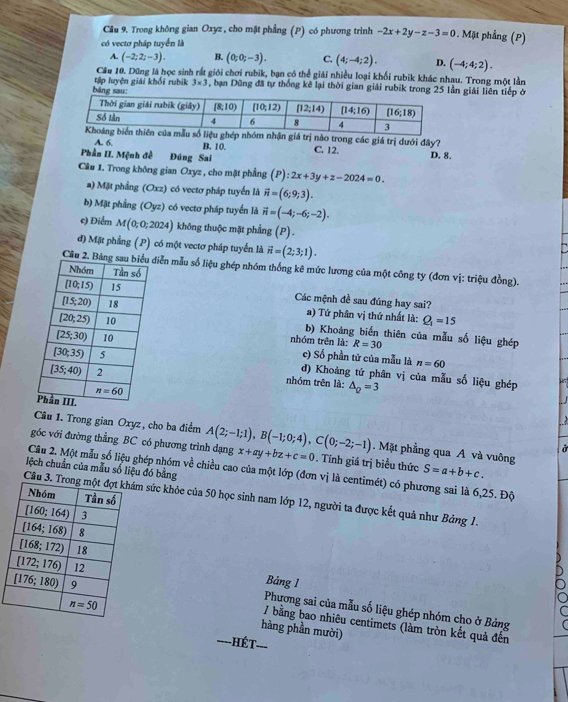 Trong không gian Oxyz, cho mặt phẳng (P) có phương trình -2x+2y-z-3=0 0. Mặt phẳng (P)
có vectơ pháp tuyển là
A. (-2;2;-3). B. (0;0;-3). C. (4;-4;2).
D. (-4;4;2).
Câu 10. Dũng là học sinh rất giỏi chơi rubik, bạn có thể giải nhiều loại khối rubik khác nhau. Trong một lần
tập luyện giải khối rubik 3* 3 3, bạn Dũng đã tự thống kê lại thời gian giải rubik trong 25 ần giải liên tiếp ở
n giá trị nào trong các giá trị dưới đây?
A. 6. B. 10. C. 12.
Phần II. Mệnh đề y  Đúng Sai D. 8.
Câu 1. Trong không gian Oxyz , cho mặt phẳng (P):2x+3y+z-2024=0.
a) Mặt phẳng (Oxz) có vectơ pháp tuyến là vector n=(6;9;3).
b) Mặt phẳng (Oyz) có vectơ pháp tuyến là vector n=(-4;-6;-2).
c) Điểm M(0;0;2024) không thuộc mặt phẳng (P) .
d) Mặt phẳng ( P) có một vectơ pháp tuyến là vector n=(2;3;1).
Cầu 2. Bảng saiễn mẫu số liệu ghép nhóm thống kê mức lương của một công ty (đơn vị: triệu đồng).
Các mệnh đề sau đúng hay sai?
a) Tứ phân vị thứ nhất là: Q_1=15
nhóm trên là: R=30
b) Khoảng biến thiên của mẫu số liệu ghép
c) Số phần tử của mẫu là n=60
d) Khoảng tứ phân vị của mẫu số liệu ghép   
nhóm trên là: △ _Q=3

Câu 1. Trong gian Oxyz, cho ba điểm A(2;-1;1),B(-1;0;4),C(0;-2;-1). Mặt phẳng qua A và vuông
Ở
góc với đường thẳng BC có phương trình dạng x+ay+bz+c=0. Tính giá trị biểu thức S=a+b+c.
lệch chuẩn của mẫu số liệu đó bằng
Câu 2. Một mẫu số liệu ghép nhóm về chiều cao của một lớp (đơn vị là centimét) có phương sai là 6,25. Độ
Câu 3. Tm sức khỏe của 50 học sinh nam lớp 12, người ta được kết quả như Bảng 1.
Bảng 1
Phương sai của mẫu số liệu ghép nhóm cho ở Bảng
/ bằng bao nhiêu centimets (làm tròn kết quả đến
hàng phần mười)
-=--HÉT- ___