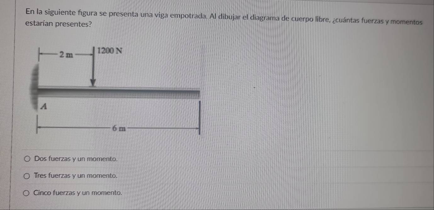 En la siguiente figura se presenta una viga empotrada. Al dibujar el diagrama de cuerpo libre, ¿cuántas fuerzas y momentos
estarían presentes?
Dos fuerzas y un momento.
Tres fuerzas y un momento.
Cinco fuerzas y un momento.