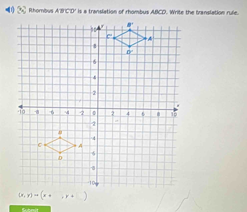 ) Rhombus A'B'C'D' is a translation of rhombus ABCD. Write the translation rule.
Submit