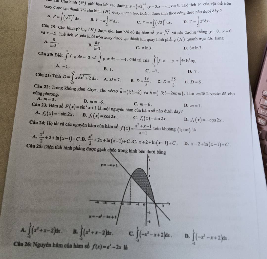 118: Cho hình (H) giới hạn bởi các đường y=(sqrt(2))^x,y=0,x=-1,x=3. Thể tích V của vật thể tròn
xoay được tạo thành khi cho hinh (H) quay quanh trục hoành được tính theo công thức nào dưới đây ?
A. V=∈tlimits _(-1)^3(sqrt(2))^xdx. B. V=π ∈tlimits _(-1)^32^xdx. C. V=π ∈tlimits _(-1)^3(sqrt(2))^xdx. D. V=∈tlimits _1^(32^x)dx.
Câu 19: Cho hình phẳng (H) được giới hạn bởi đồ thị hàm số y=sqrt(3^x) và các đường thắng y=0,x=0
và x=2. Thể tích V của khối tròn xoay được tạo thành khi quay hình phẳng (H) quanh trục Ox bằng
A.  8/ln 3 .
B.  8π /ln 3 .
C. π ln 3 . D. 8π ln 3 .
Câu 20: Biết ∈t _1^(2fxdx=3 và ∈tlimits _1^2gxdx=-4. Giá trị của ∈tlimits _1^2[fx-gx ]dx bằng
A. -1. B. 1 . C. -7 . D. 7 .
Câu 21: Tính D=∈tlimits _sqrt(2))^sqrt(7)xsqrt(x^2+2)dx. A. D=7. B. D= 19/3 . C. D= 35/3 . D. D=6.
Cầu 22: Trong không gian Oxyz , cho véctơ vector a=(1;3;-2) và vector b=(-3;3-2m;m).  Tìm m đề 2 vectơ đã cho
cùng phương.
A. m=3.
B. m=-6.
C. m=6.
D. m=1.
Câu 23: Hàm số F(x)=sin^2x+1 là một nguyên hàm của hàm số nào dưới đây?
A. f_2(x)=-sin 2x. B. f_3(x)=cos 2x. C. f_1(x)=sin 2x. D. f_4(x)=-cos 2x.
Câu 24: Họ tất cả các nguyên hàm của hàm số f(x)= (x^2+x-1)/x-1  trên khoảng (1;+∈fty ) là
A.  x^2/2 +2+ln (x-1)+C .B.  x^2/2 +2x+ln (x-1)+C C. x+2+ln (x-1)+C. D. x-2+ln (x-1)+C.
Cầu 25: Diện tích hình phẳng được gạch chéo tron
A. ∈tlimits _(-3)^1(x^2+x-2)dx. B. ∈tlimits _(-2)^1(x^2+x-2)dx. C. ∈tlimits _(-3)^1(-x^2-x+2)dx. D. ∈tlimits _(-2)^1(-x^2-x+2)dx.
Câu 26: Nguyên hàm của hàm số f(x)=e^x-2x1a.