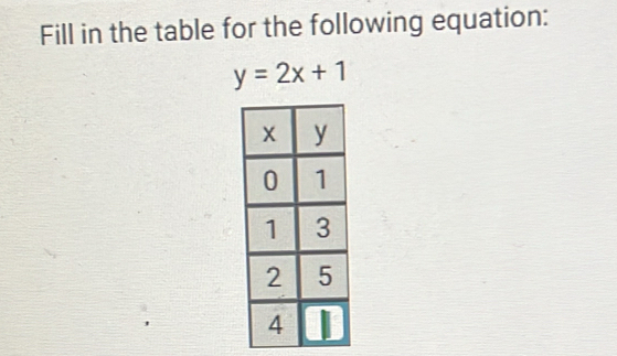 Fill in the table for the following equation:
y=2x+1