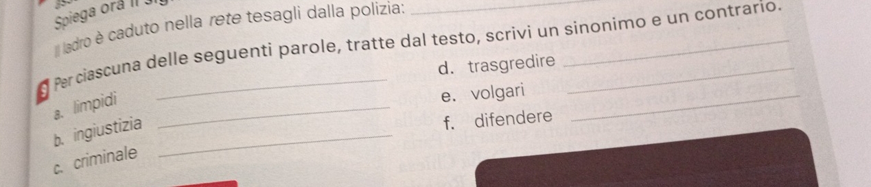 Spiega orá II 
# ladro è caduto nella rete tesagli dalla polízia: 
o Perciascuna delle seguenti parole, tratte dal testo, scrivi un sinonimo e un contrario. 
d. trasgredire 
a. limpidi_ 
e. volgari_ 
b. ingiustizia_ 
f. difendere 
c. criminale