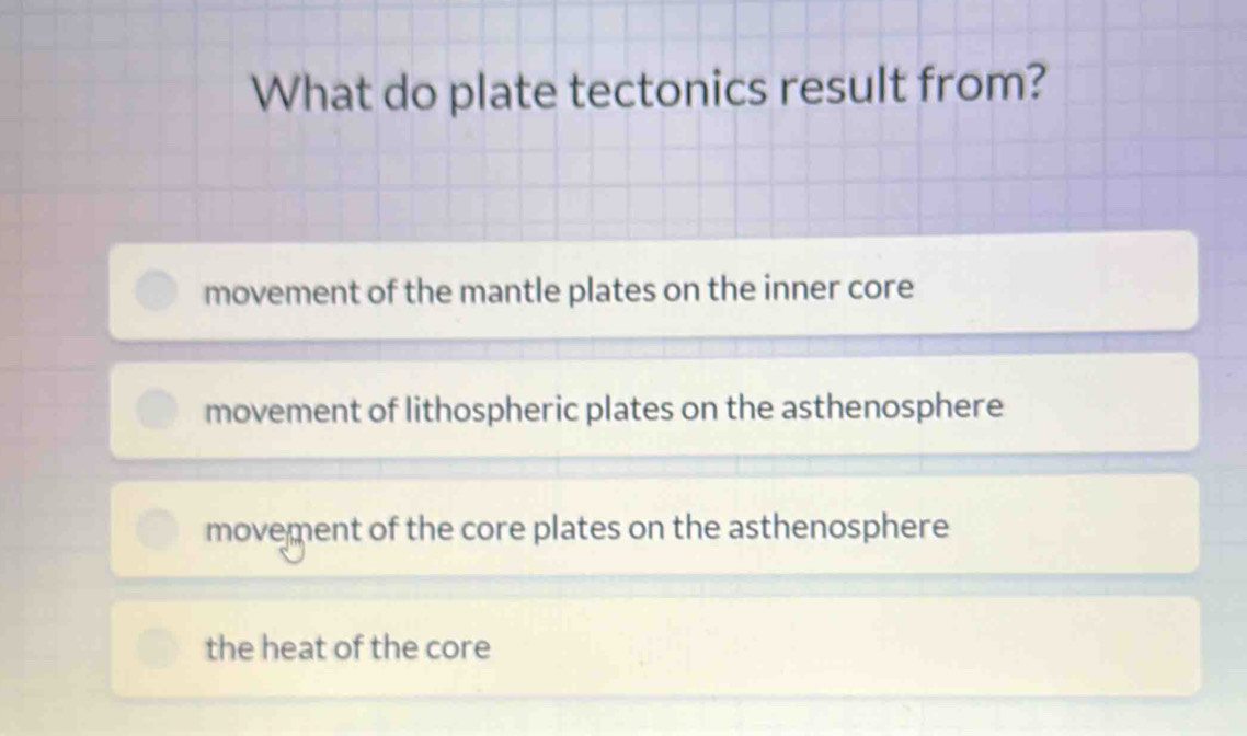 What do plate tectonics result from?
movement of the mantle plates on the inner core
movement of lithospheric plates on the asthenosphere
movement of the core plates on the asthenosphere
the heat of the core