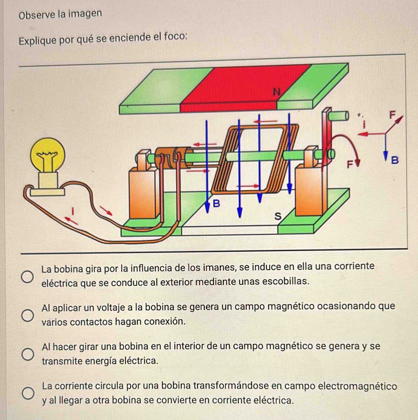 Observe la imagen
Explique por qué se enciende el foco:
La bobina gira por la influencia de los imanes, se induce en ella una corriente
eléctrica que se conduce al exterior mediante unas escobillas.
Al aplicar un voltaje a la bobina se genera un campo magnético ocasionando que
varios contactos hagan conexión.
Al hacer girar una bobina en el interior de un campo magnético se genera y se
transmite energía eléctrica.
La corriente circula por una bobina transformándose en campo electromagnético
y al llegar a otra bobina se convierte en corriente eléctrica.