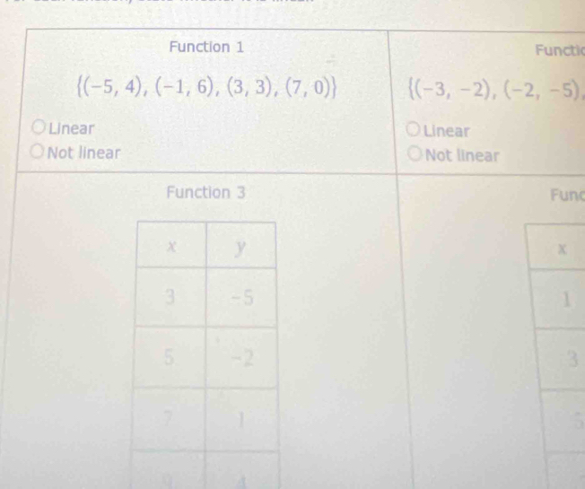 Function 1 Functic
 (-5,4),(-1,6),(3,3),(7,0)  (-3,-2),(-2,-5),
Linear Linear
Not linear Not linear
Function 3 Fund

3
Q