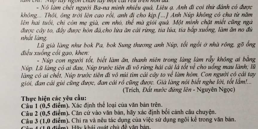 tam ch. Nup tay ngon chân tay một car Yeu trên nôn da"
- Nó làm chết người Ba-na mình nhiều quá, Liêu ạ. Anh đi coi thử đánh có được
không... Thôi, ông trời lên cao rồi, anh đi cho kịp.[...] Anh Núp không có cha từ năm
lên hai tuổi, chỉ còn mẹ già, em nhỏ, thế mà giỏi quá. Một mình chặt miết cũng ngà
được cây to, đây được hòn đá,cho lửa ăn cái rừng, tia lúa, tia bắp xuống, làm ăn no đủ
nhất làng.
Lũ già làng như bok Pa, bok Sung thương anh Núp, tối ngồi ở nhà rông, gõ ống
điếu xuống cối gạo, khen:
- Núp con người tốt, biết làm ăn, thanh niên trong làng làm rẫy không ai bằng
Núp. Lũ làng có ai đau, Núp trước tiên đi vô rừng hái cái lá tốt về cho uống mau lành; lũ
làng có ai chết, Núp trước tiên đi vô núi tìm cái cây to về làm hòm. Con người có cái tay
giỏi, đan cái gùi cũng được, đan cái rồ cũng được. Già làng nói biết nghe lời, tốt lắm!...
(Trích, Đất nước đứng lên - Nguyên Ngọc)
Thực hiện các yêu cầu:
Câu 1 (0,5 điểm). Xác định thể loại của văn bản trên.
Câu 2 (0,5 điểm). Căn cứ vào văn bản, hãy xác định bối cảnh câu chuyện.
Câu 3 (1,0 điểm). Chỉ ra và nêu tác dụng của việc sử dụng ngôi kể trong văn bản.
Côu 4 (1 0 điểm) Hãy khái quát chủ đề văn bản