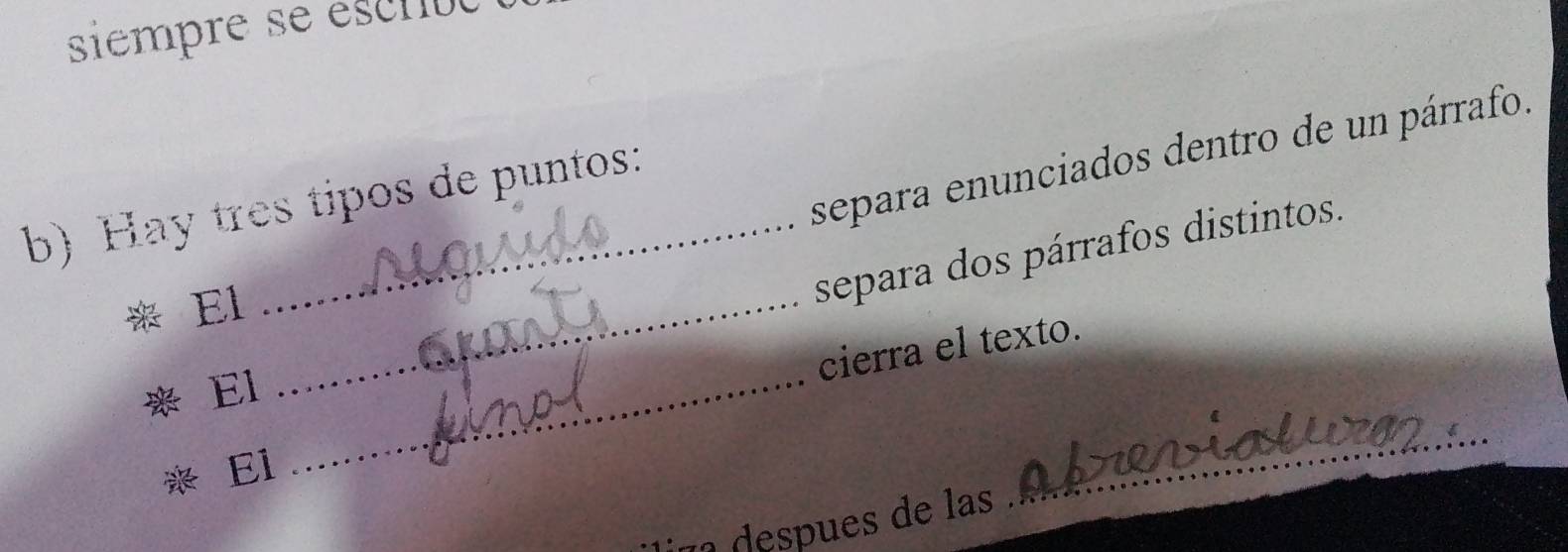 siempre se escro 
separa enunciados dentro de un párrafo. 
b) Hay tres tipos de puntos: 
El separa dos párrafos distintos. 
El_ 
cierra el texto. 
El 
_ 
despues de las 
_