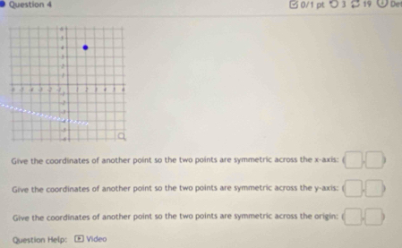 つ3 2 19 De 
6 
2
4 1 J 2 2 j
2. 

Give the coordinates of another point so the two points are symmetric across the x-axis: □ □
Give the coordinates of another point so the two points are symmetric across the y-axis; □ □
Give the coordinates of another point so the two points are symmetric across the origin: □ □
Question Help: Video