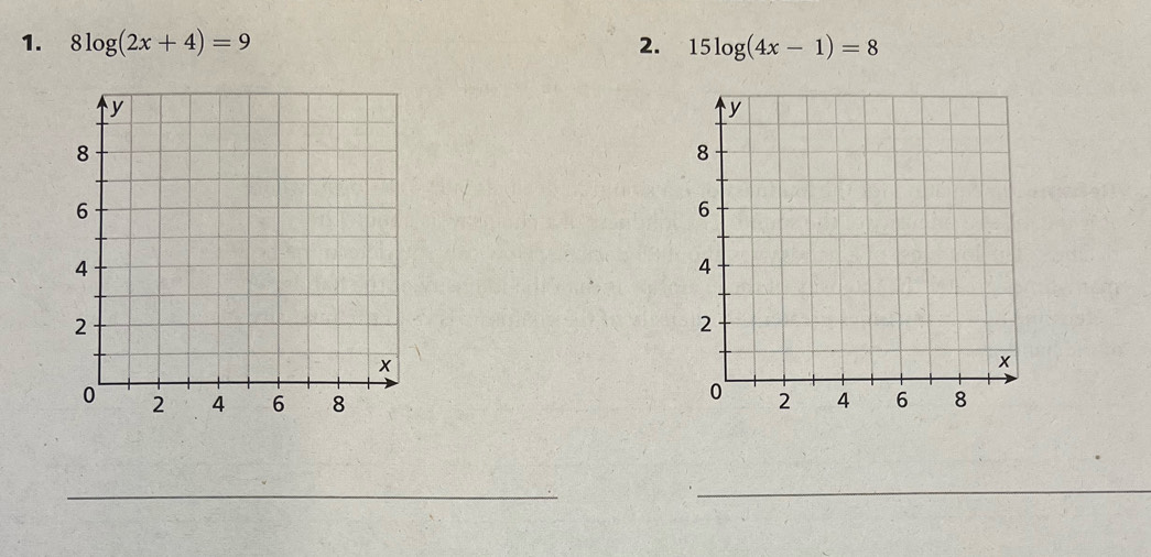 8log (2x+4)=9 2. 15log (4x-1)=8

_ 
_