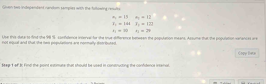 Given two independent random samples with the following results:
n_1=15 n_2=12
overline x_1=144overline x_2=122
s_1=10 s_2=29
Use this data to find the 98 % confidence interval for the true difference between the population means. Assume that the population variances are 
not equal and that the two populations are normally distributed. 
Copy Data 
Step 1 of 3: Find the point estimate that should be used in constructing the confidence interval.