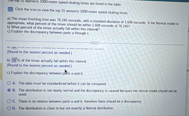 Te top 31 women's 1000-meter speed skating times are listed in the table 
Click the icon to view the top 31 women's 1000-meter speed skating times.
a) The mean finishing time was 76.245 seconds, with a standard deviation of 1.608 seconds. If the Normal model is
appropriate, what percent of the times should be within 1.608 seconds of 76.245?
b) What percent of the times actually fall within this interval?
c) Explain the discrepancy between parts a through c.
(Round to the nearest percent as needed.)
b) 71 % of the times actually fall within this interval.
(Round to the nearest percent as needed.)
e
c) Explain the discrepancy between parts a and b.
A. The data must be standardized before it can be compared.
B. The distribution is not nearly normal and the discrepancy is caused because the normal model should not be
used.
C. There is no relation between parts a and b, therefore there should be a discrepancy.
D. The distribution is close to but not exactly a Normal distribution.