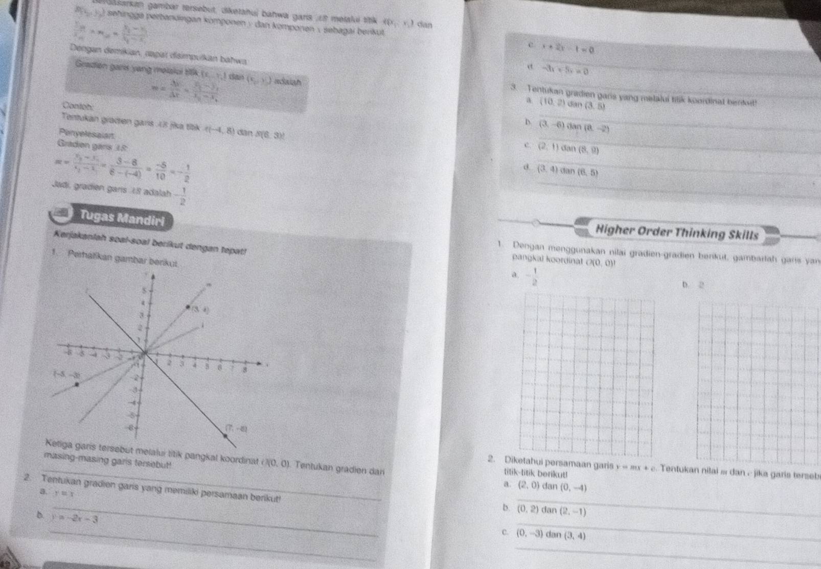 Gasarkan gambar tersebut, diketahuj banwa garis t metalui titik (0,x) dan
P(x_2,y_2) sehingga perbandingan sömponen y dan kömponen , sebagai berikut
frac E=noverline x_n=n_n=frac frac y_1N-frac 1overline x_2-overline x_1
c x+2y-1=0
Dengan demikian, napal disimpulkan bahwa
-3x+5=0
m= 2x/3x =frac x_2-3x_2-x_1
Gradion garis yang melaiol ttk (x,y,z) (ao (c,y) adaiah 3. Tentukan gradien gars yang metalui titik koordinat berkt!
Contoh:
_
a (10,2) dàn (3,5)
D (3,-6)dan(8,-2)
Tentukan graden gans 13 fisa titk (-4,8) dan
Penyelesaian N(6,3) dan (8,9)
Graden gärs 1P
c. (2,1)
==frac S_3-S_1s_2-1= (3-8)/8-(-4) = (-5)/10 =- 1/2 
d. (3,4) dan (6,5)
Jadi, gradien garis 1 adalah - 1/2 
Tugas Mandiri
Higher Order Thinking Skills
Kerjakanlah soal-soal berikut dengan tepat!
1. Dengan menggunakan nilai gradien-gradien berikut, gambarlah garis yan
1. Perhatikan gambar berikut.
pangkal koordinal O(0,0)
a. - 1/2 
D. 2
masing-masing garis tersbut!
i litik pangkal koordinat (10,0) Tentukan gradien dan a. (2,0) dan (0,-4)
2. rsamaan garis y=mx+c Tentukan nilai s dan e jika garis terseb
titik-titik berikut!
_
2. Tentukan gradien garis yang memiliki persamaan berikut!
a. x^1
_
b. (0,2) dan (2,-1)
D. y=-2x-3
_
_
e (0,-3) dan (3,4)
_