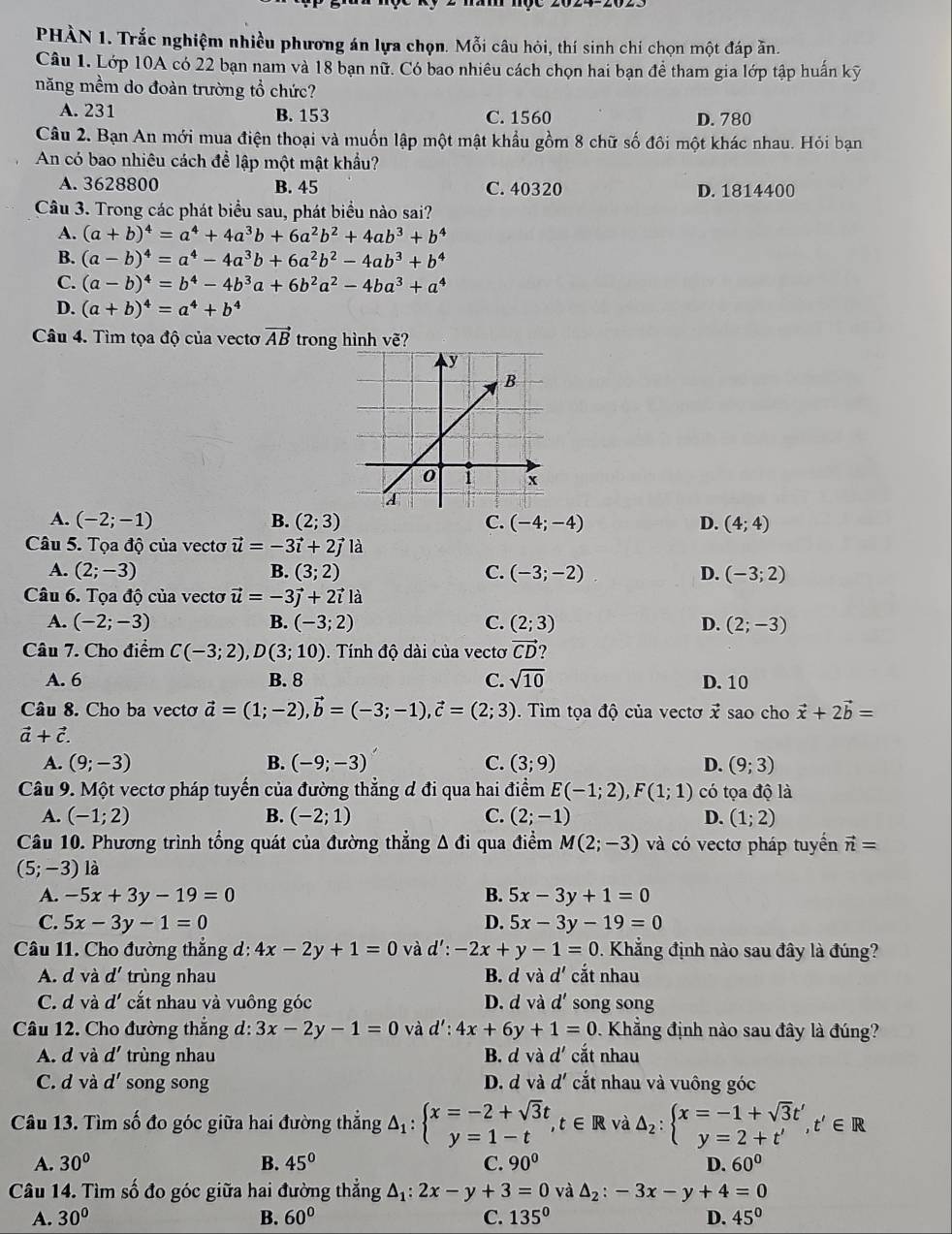 PHÀN 1. Trắc nghiệm nhiều phương án lựa chọn. Mỗi câu hỏi, thí sinh chí chọn một đáp ần.
Câu 1. Lớp 10A có 22 bạn nam và 18 bạn nữ. Có bao nhiêu cách chọn hai bạn để tham gia lớp tập huấn kỹ
năng mềm do đoàn trường tổ chức?
A. 231 B. 153 C. 1560 D. 780
Câu 2. Bạn An mới mua điện thoại và muốn lập một mật khẩu gồm 8 chữ số đôi một khác nhau. Hỏi bạn
An có bao nhiêu cách để lập một mật khẩu?
A. 3628800 B. 45 C. 40320 D. 1814400
Câu 3. Trong các phát biểu sau, phát biểu nào sai?
A. (a+b)^4=a^4+4a^3b+6a^2b^2+4ab^3+b^4
B. (a-b)^4=a^4-4a^3b+6a^2b^2-4ab^3+b^4
C. (a-b)^4=b^4-4b^3a+6b^2a^2-4ba^3+a^4
D. (a+b)^4=a^4+b^4
Câu 4. Tìm tọa độ của vecto vector AB trong hình vhat e
A. (-2;-1) B. (2;3) C. (-4;-4) D. (4;4)
Câu 5. Tọa độ của vectơ vector u=-3vector i+2vector j là
A. (2;-3) B. (3;2) C. (-3;-2) D. (-3;2)
Câu 6. Tọa độ của vectơ vector u=-3vector j+2vector ilhat a
A. (-2;-3) B. (-3;2) C. (2;3) D. (2;-3)
Câu 7. Cho điểm C(-3;2),D(3;10). Tính độ dài của vectơ vector CD ?
C. sqrt(10)
A. 6 B. 8 D. 10
Câu 8. Cho ba vecto vector a=(1;-2),vector b=(-3;-1),vector c=(2;3). Tìm tọa độ của vectơ -8 sao cho vector x+2vector b=
vector a+vector c.
A. (9;-3) B. (-9;-3) C. (3;9) D. (9;3)
Câu 9. Một vectơ pháp tuyến của đường thẳng d đi qua hai điểm E(-1;2),F(1;1) có tọa độ là
A. (-1;2) B. (-2;1) C. (2;-1) D. (1;2)
Câu 10. Phương trình tổng quát của đường thẳng △ di qua điểm M(2;-3) và có vectơ pháp tuyển vector n=
(5;-3) là
A. -5x+3y-19=0 B. 5x-3y+1=0
C. 5x-3y-1=0 D. 5x-3y-19=0
Câu 11. Cho đường thắng d: 4x-2y+1=0 và d':-2x+y-1=0. Khắng định nào sau đây là đúng?
A. d và d' trùng nhau B. d và d' cắt nhau
C. d và d' cắt nhau và vuông góc D. d và d' song song
Câu 12. Cho đường thắng d: 3x-2y-1=0 và d':4x+6y+1=0 Khẳng định nào sau đây là đúng?
A. d và d' trùng nhau B. d và d' cắt nhau
C. d và d' song song D. d và d' ' ắt nhau và vuông góc
Câu 13. Tìm số đo góc giữa hai đường thẳng △ _1:beginarrayl x=-2+sqrt(3)t y=1-tendarray. ,t∈ R và △ _2:beginarrayl x=-1+sqrt(3)t',t'∈ R y=2+t'endarray.
A. 30° B. 45° C. 90° D. 60°
Câu 14. Tìm số đo góc giữa hai đường thẳng △ _1:2x-y+3=0 và △ _2:-3x-y+4=0
A. 30° B. 60° C. 135° D. 45°