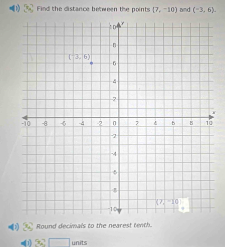 Find the distance between the points (7,-10) and (-3,6).
x
Round decimals to the nearest tenth.
units