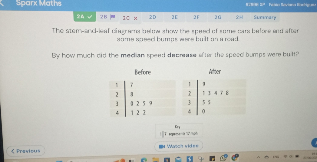 Sparx Maths 62696 XP Fabio Saviano Rodriguez 
2A 2B 2C 2D 2E 2F 2G 2H Summary 
The stem-and-leaf diagrams below show the speed of some cars before and after 
some speed bumps were built on a road. 
By how much did the median speed decrease after the speed bumps were built? 
Before After 
Key
7 represents 17 mph
Previous Watch video 
19 
27/06/202