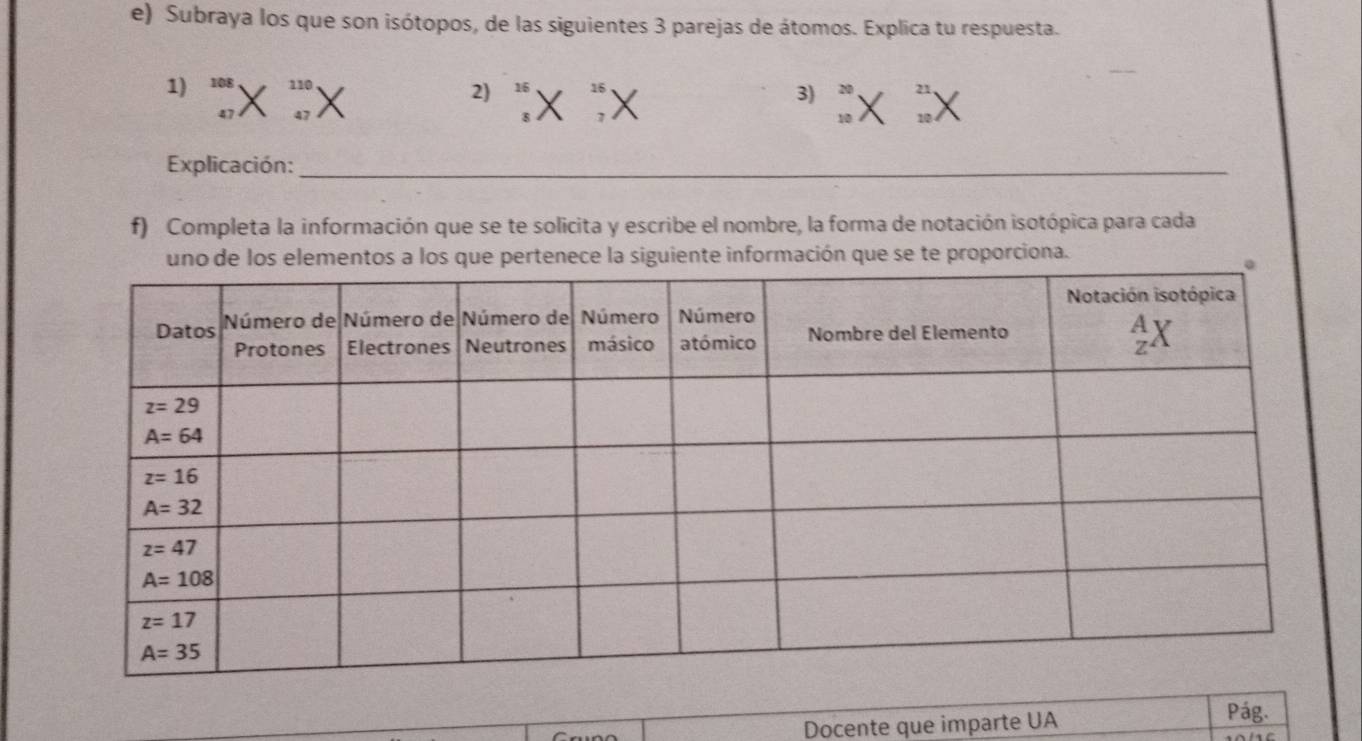 Subraya los que son isótopos, de las siguientes 3 parejas de átomos. Explica tu respuesta.
1) 110 16
sqrt[4]()
2) 4° ,
3) ^20 ...endarray 10
47
Explicación:_
f) Completa la información que se te solicita y escribe el nombre, la forma de notación isotópica para cada
enece la siguiente información que se te proporciona.
Docente que imparte UA Pág.