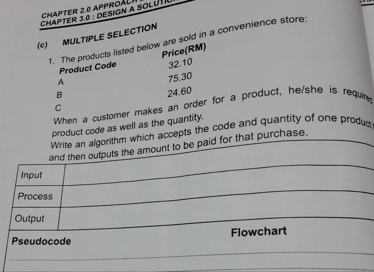 CHAPTER 2.0 APPROACH 
CHAPTER 3.0 : DESIGN A SOLUTI 
(c) MULTIPLE SELECTION 
1. The products listed below are sold in a convenience store 
Price(RM) 
Product Code 
A 32.10
75.30
B
24.60
When a customer makes an order for a product, he/she is required 
C 
product code as well as the quantity. 
Write an algorithm which accepts the code and quantity of one product 
and then outputs the amount to be paid for that purchase. 
Input 
Process 
Output 
Pseudocode Flowchart