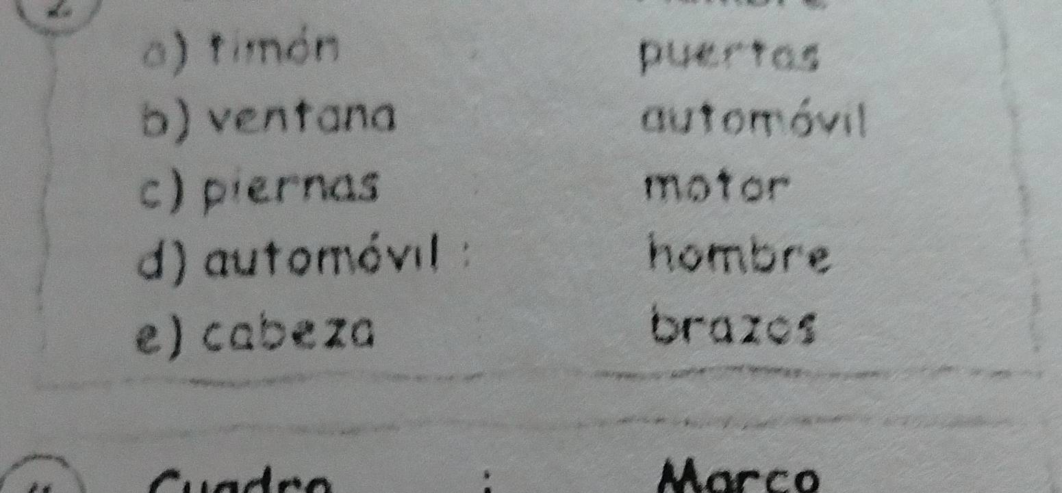 timón puertas 
b) ventana automóvil 
c) piernas motor 
d) automévil : hombre 
e) cabeza 
brazos 
Marco