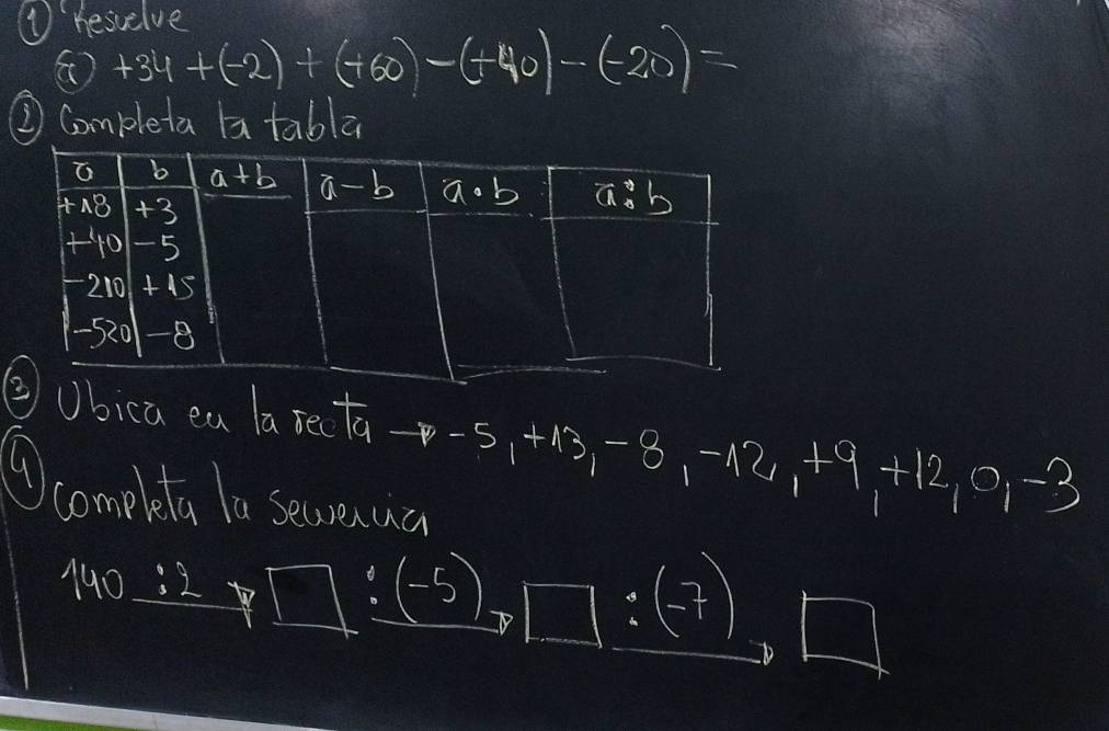 ①hesuelve
(+34+(-2)+(+60)-(+40)-(-20)=
② Completa ba tabla
bica ea 1a 5e+ā--5, +13, -8 -12,+9,+12,0,-3
⑨comeleta la searenuce
140_ :2v□ :beginpmatrix -5endpmatrix  